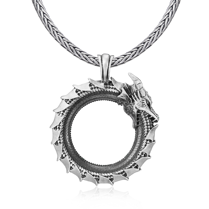 Solid pewter Ouroboros dragon serpent circle pendant necklace for men with antiqued finish by EVBEA
