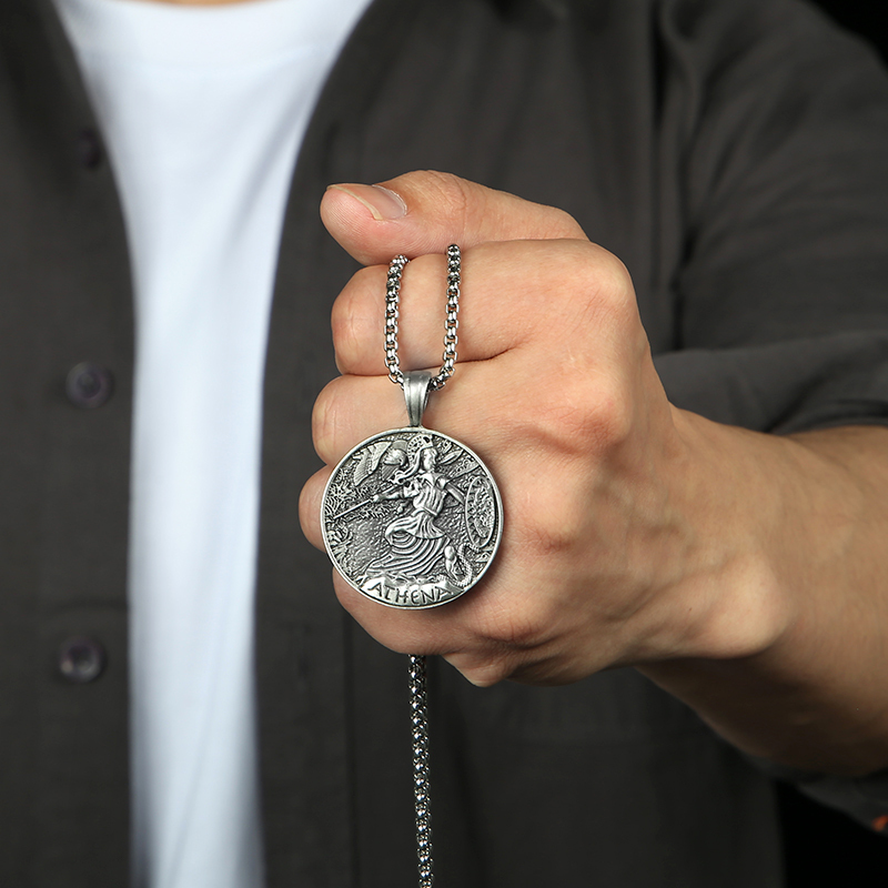 Solid Pewter Goddess Athena Medallion Pendant Necklace for Men