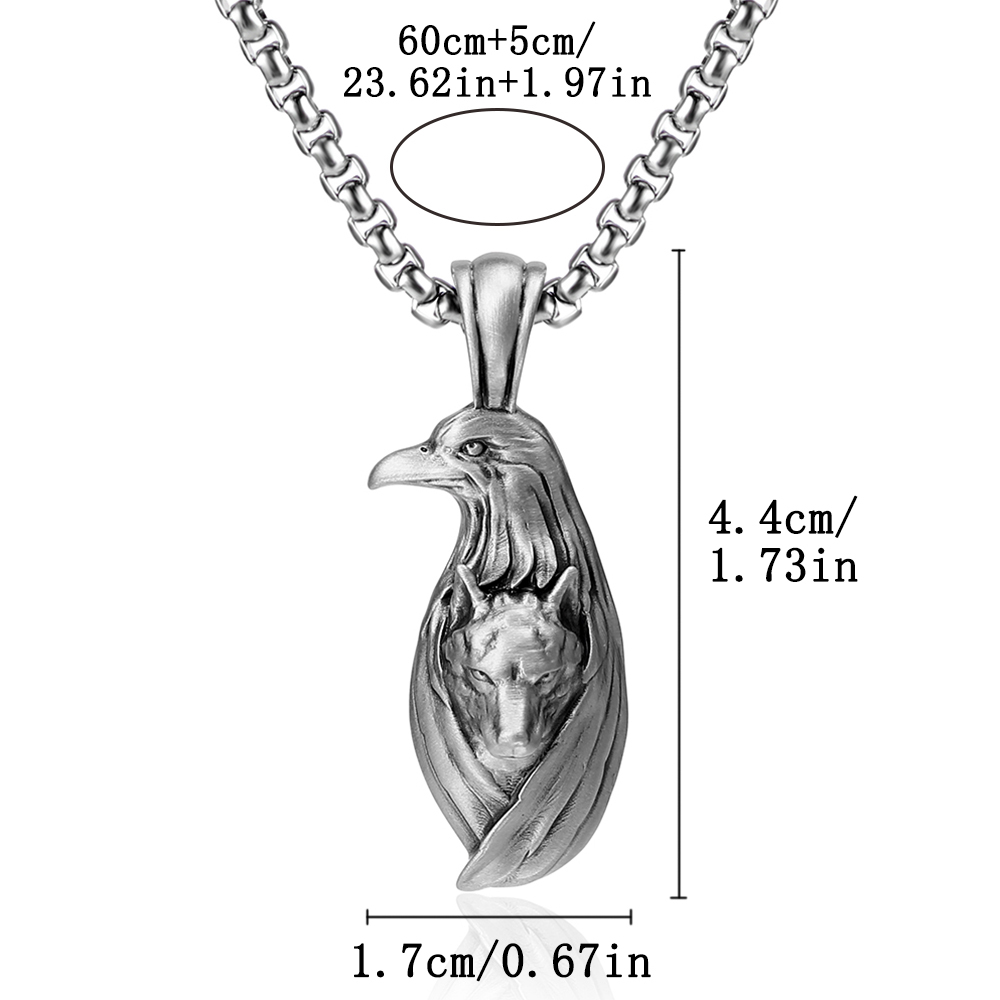 Dimension diagram for EVBEA solid pewter eagle and wolf pendant 4.4cm x 1.7cm and 60cm chain