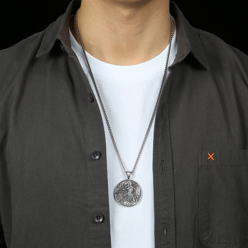 Model wearing EVBEA solid pewter Greek Goddess Athena medallion pendant necklace