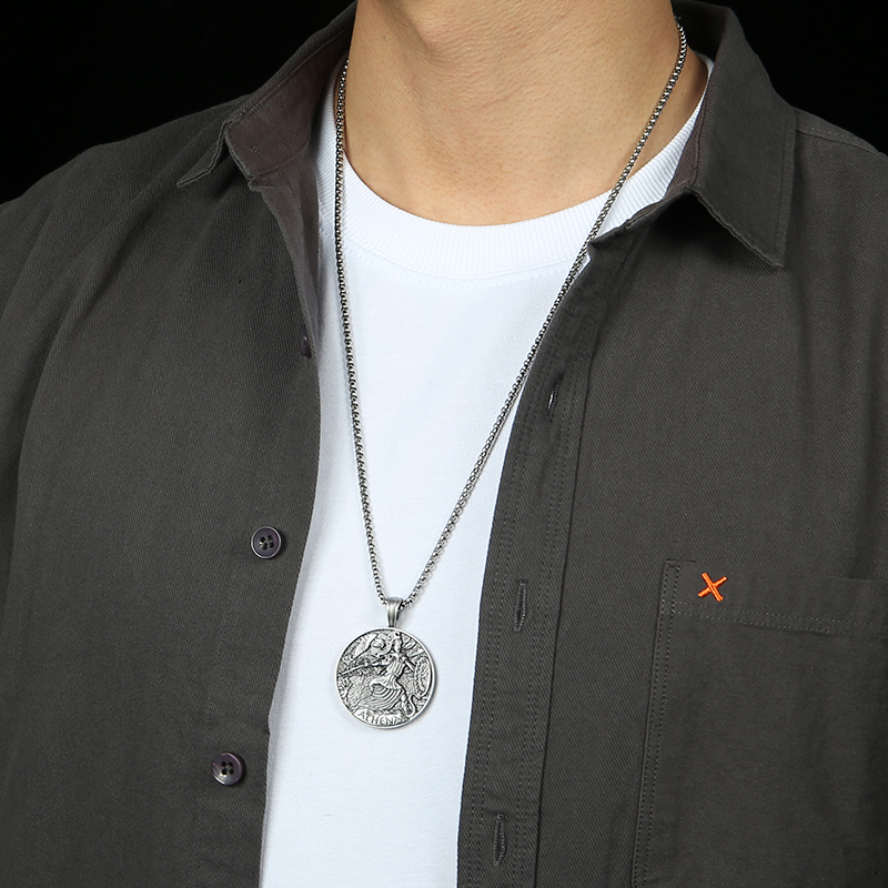 Model wearing EVBEA solid pewter Greek Goddess Athena medallion pendant necklace