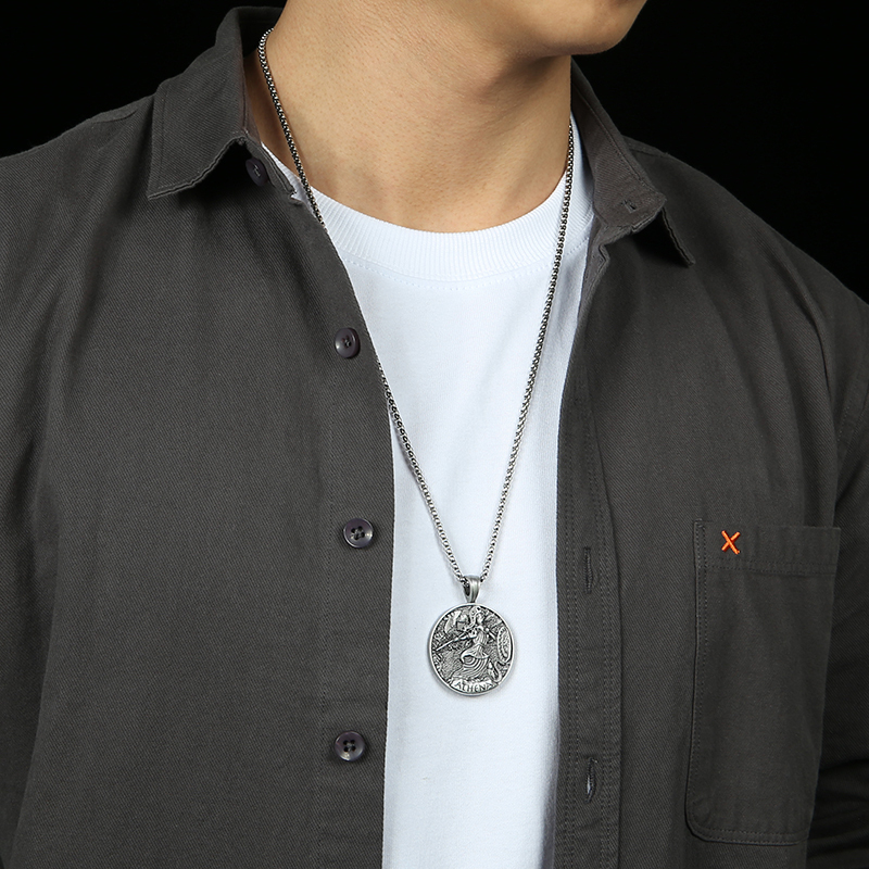 Model wearing EVBEA solid pewter Greek Goddess Athena medallion pendant necklace