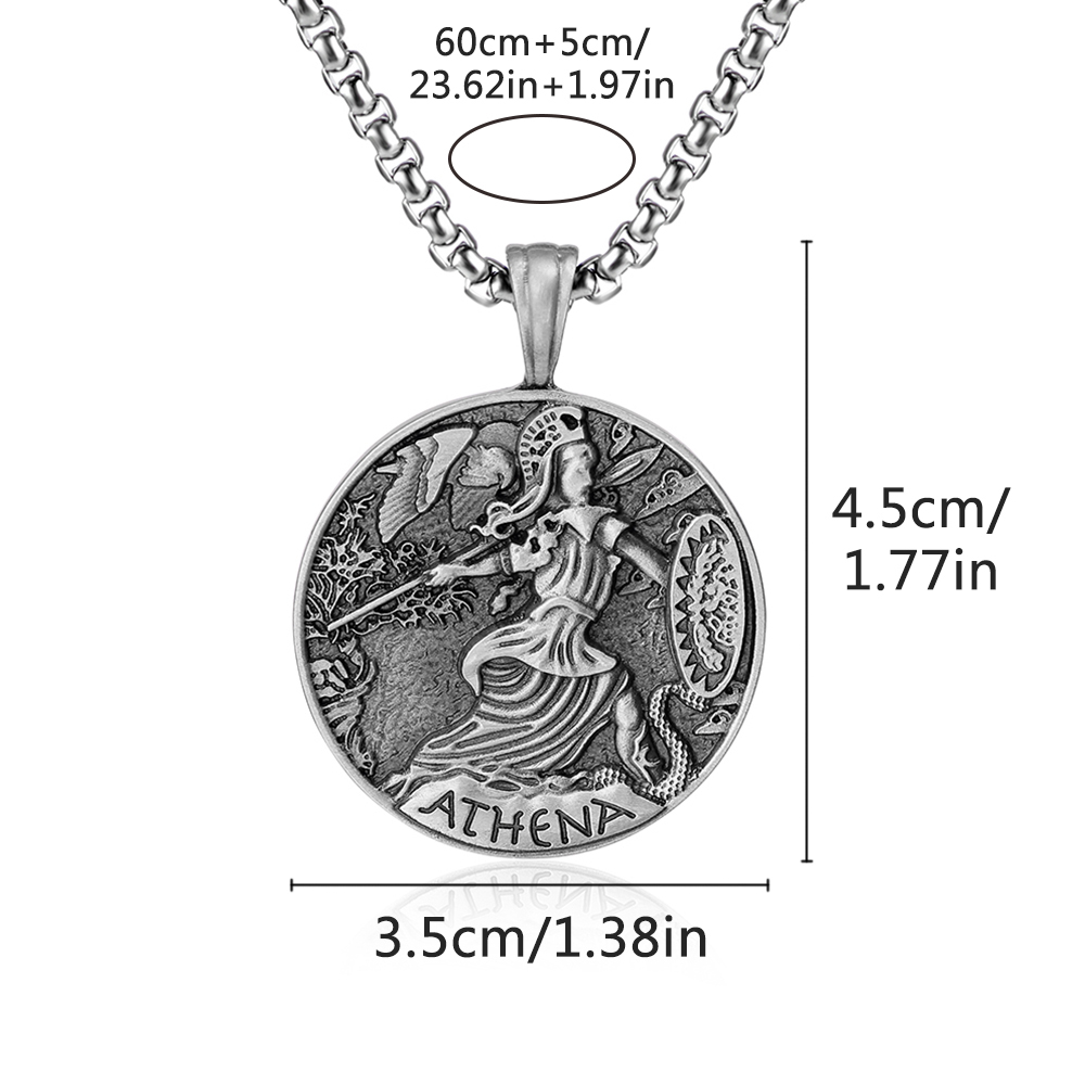 Dimension diagram for EVBEA solid pewter Goddess Athena pendant 4.5cm x 3.5cm and 60cm chain