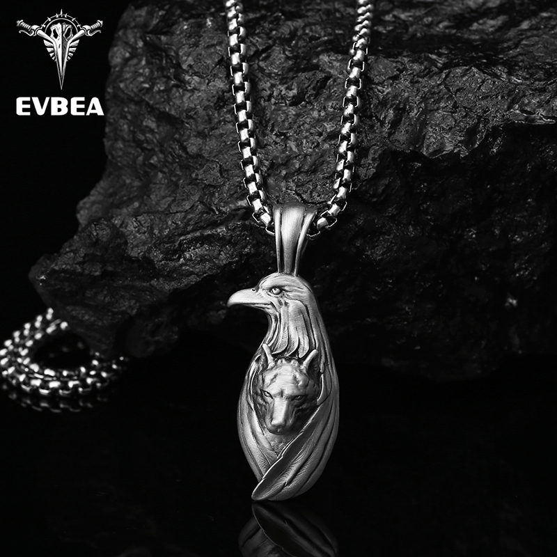 Solid pewter eagle and wolf totem pendant necklace for men with antiqued finish by EVBEA
