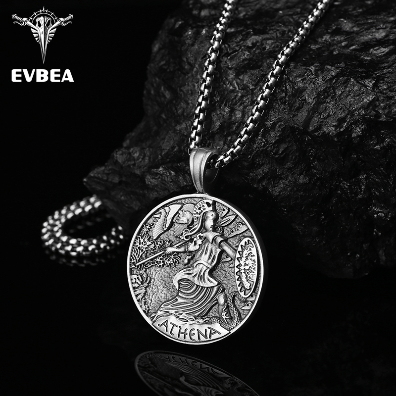 Solid pewter Goddess Athena medallion coin pendant necklace for men by EVBEA