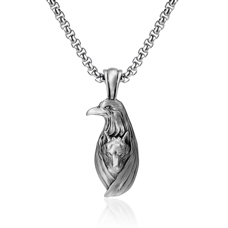Solid pewter eagle and wolf totem pendant necklace for men with antiqued finish by EVBEA