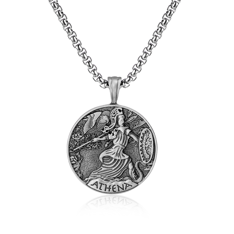 Solid pewter Goddess Athena medallion coin pendant necklace for men by EVBEA