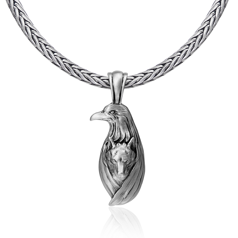 Solid pewter eagle and wolf totem pendant necklace for men with antiqued finish by EVBEA