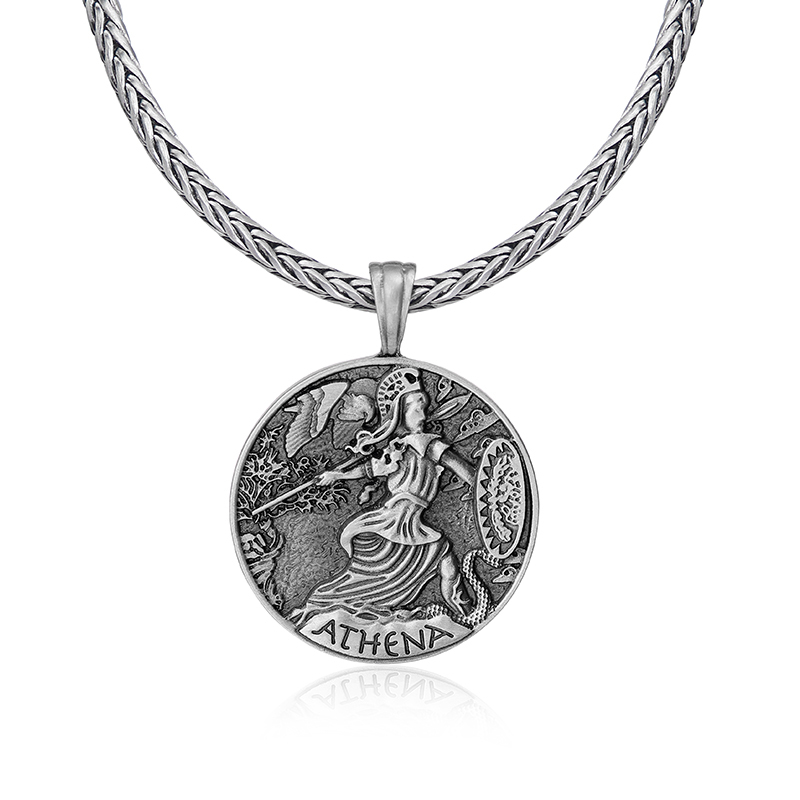 Solid pewter Goddess Athena medallion coin pendant necklace for men by EVBEA