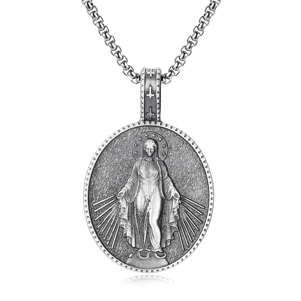 Solid pewter Virgin Mary miraculous medal pendant necklace for men with cross bail by EVBEA N763