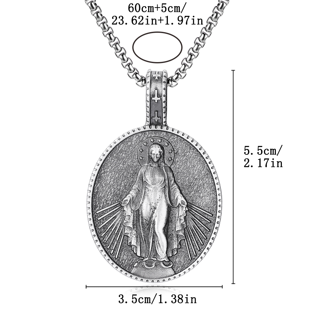 Dimension diagram for EVBEA solid pewter Virgin Mary faith medal pendant and 60cm chain N763