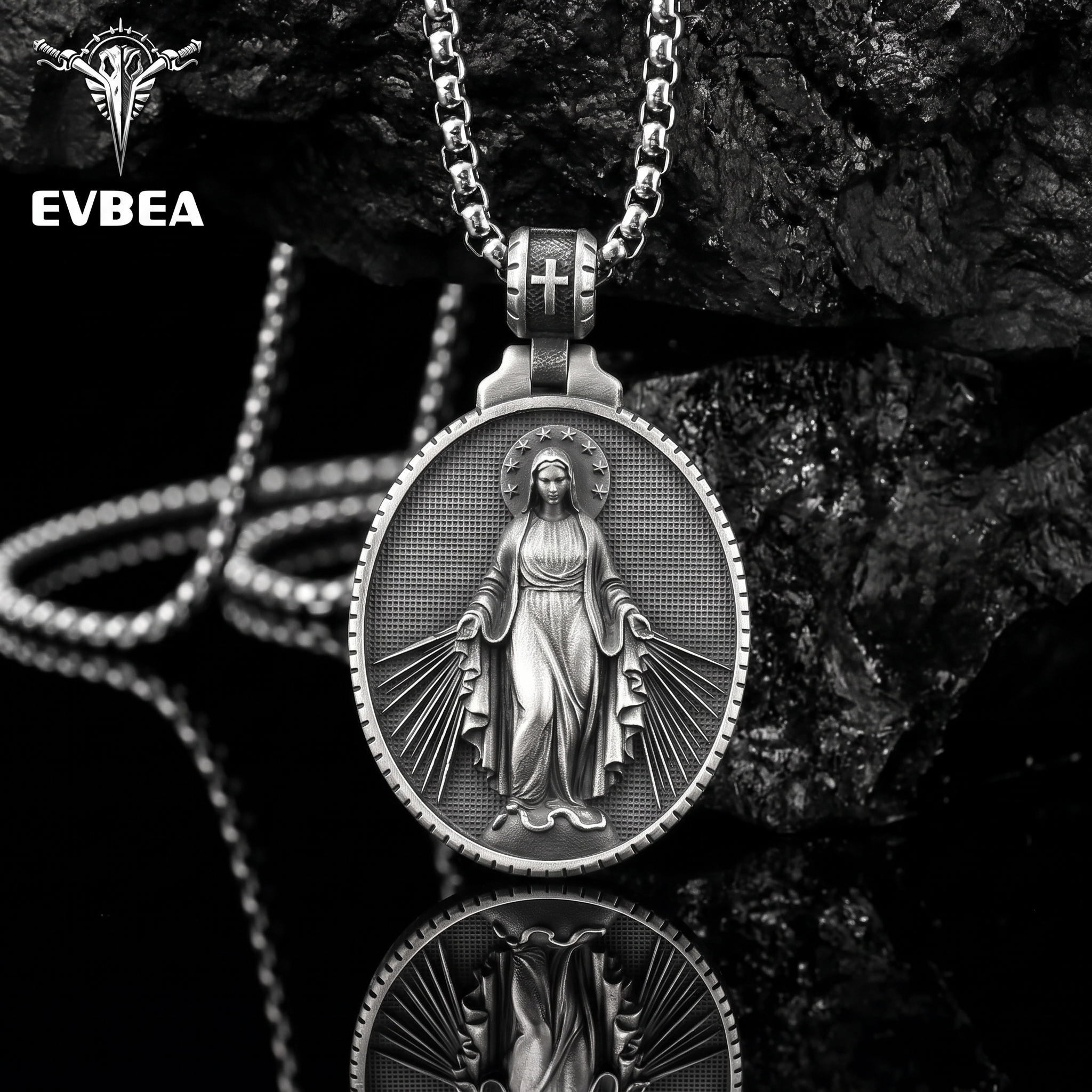 Solid pewter Virgin Mary miraculous medal pendant necklace for men with cross bail by EVBEA N763