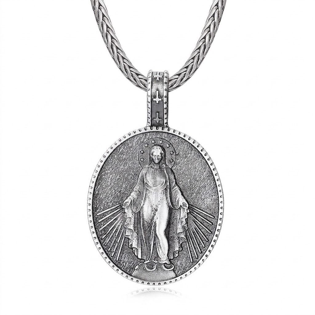 Solid pewter Virgin Mary miraculous medal pendant necklace for men with cross bail by EVBEA N763