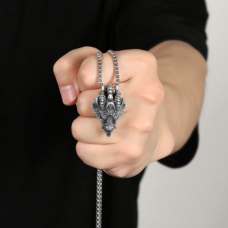Solid Pewter Dragon Head Pendant Necklace with Stone Accents for Men