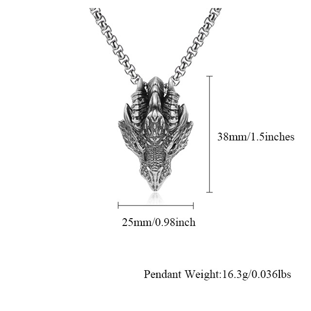 Dimension diagram for EVBEA solid pewter dragon head pendant and 60cm chain