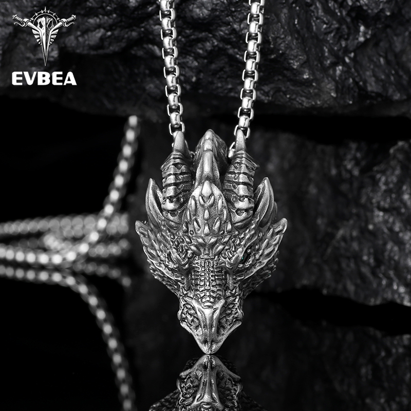 Solid pewter dragon head pendant necklace with stone accents for men by EVBEA