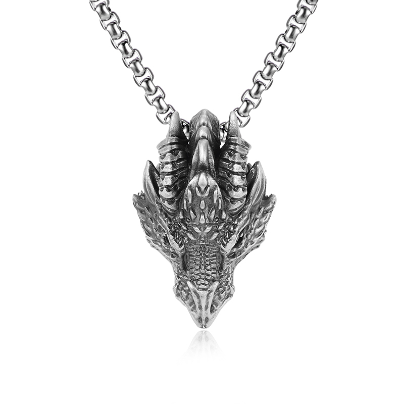 Solid pewter dragon head pendant necklace with stone accents for men by EVBEA