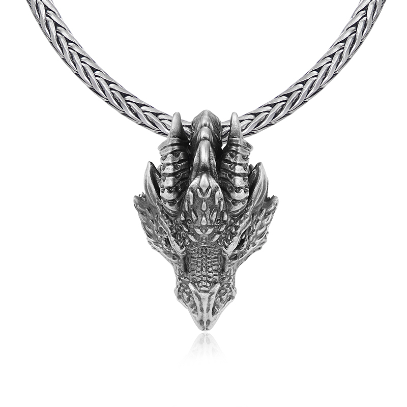 Solid pewter dragon head pendant necklace with stone accents for men by EVBEA