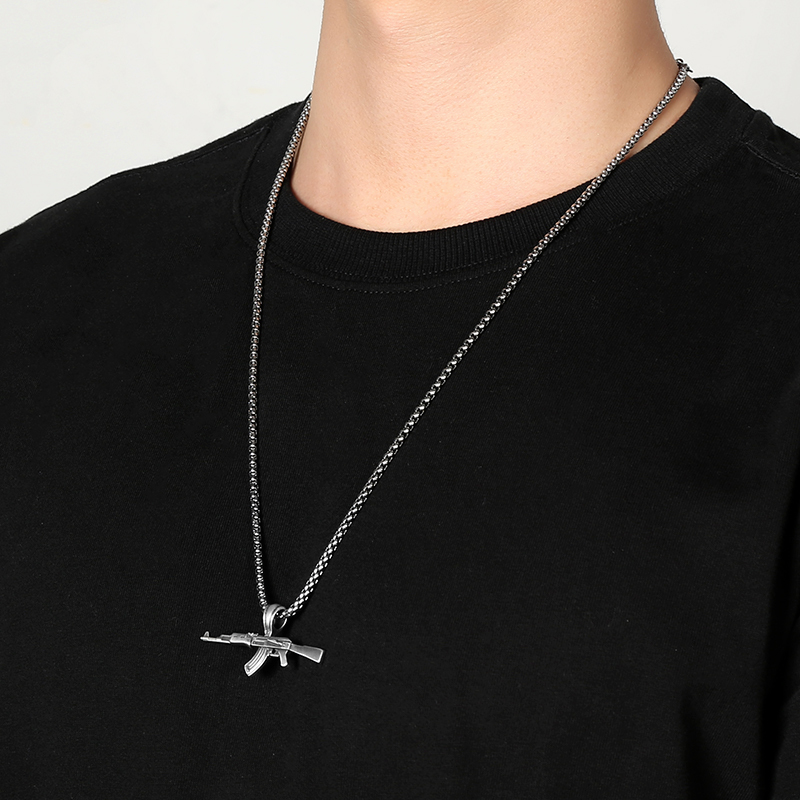 Solid Pewter AK-47 Rifle Pendant Necklace for Men