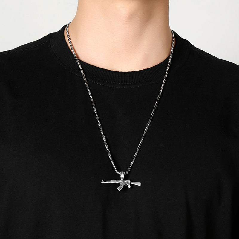 Solid Pewter AK-47 Rifle Pendant Necklace for Men