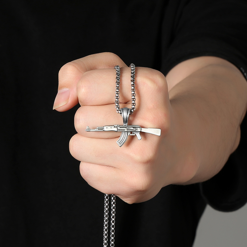 Solid Pewter AK-47 Rifle Pendant Necklace for Men