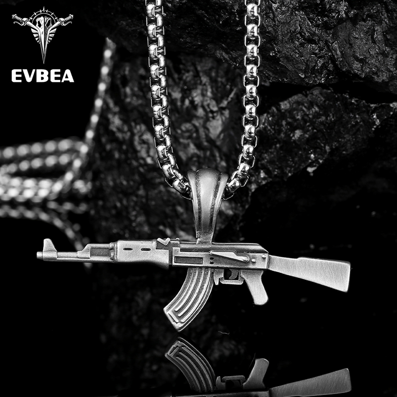Solid Pewter AK-47 Rifle Pendant Necklace for Men