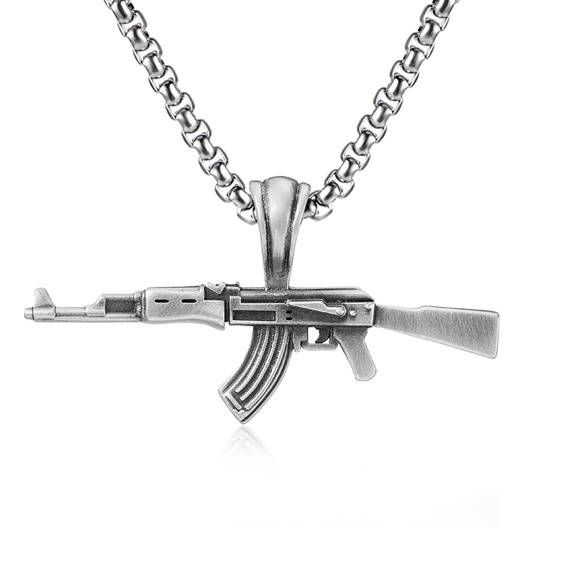 Solid pewter AK47 rifle gun pendant necklace for men with antiqued finish by EVBEA