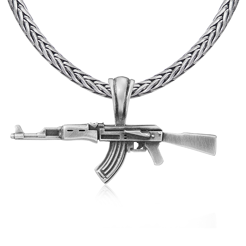 Solid Pewter AK-47 Rifle Pendant Necklace for Men