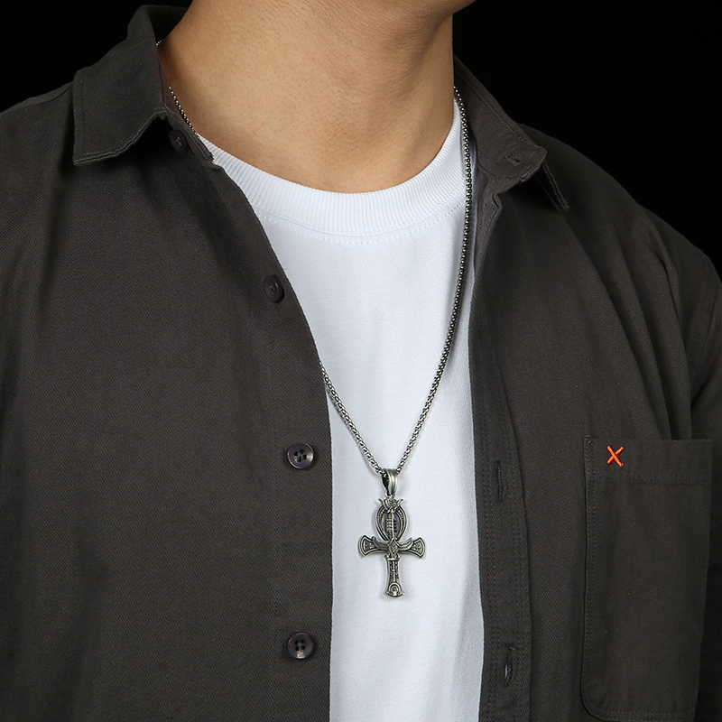 Model wearing EVBEA solid pewter Egyptian Ankh key of life pendant necklace for men