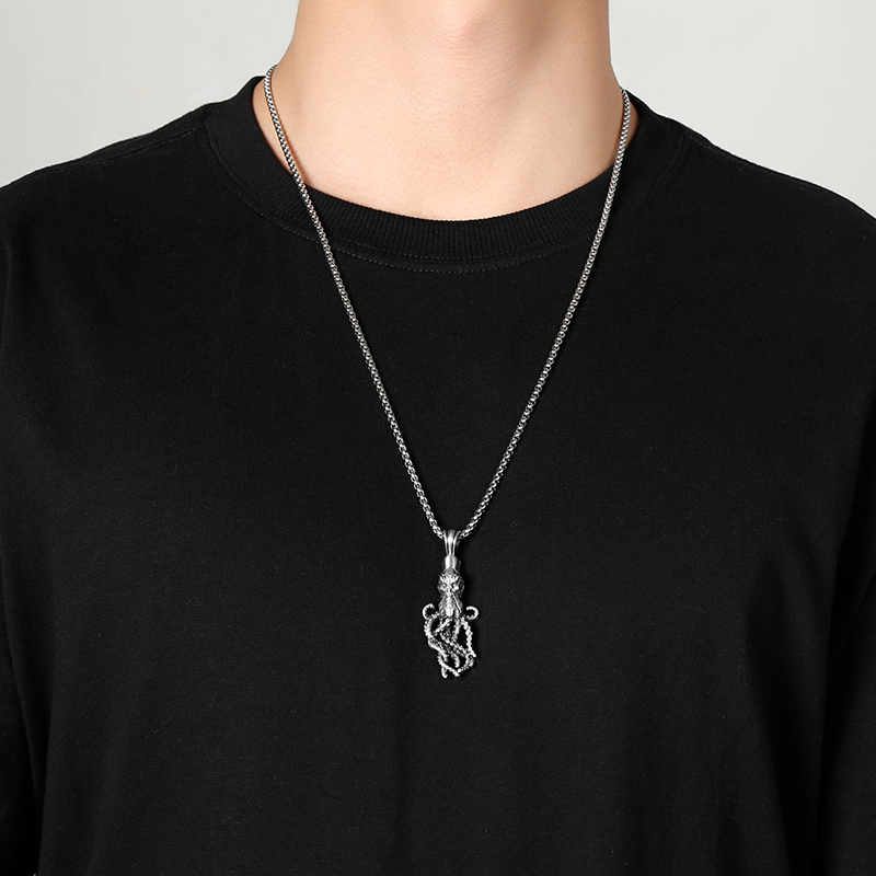 Model wearing EVBEA solid pewter Kraken octopus tentacle pendant necklace for men
