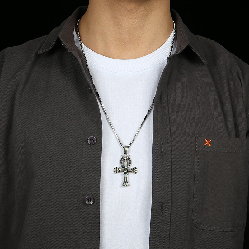 Model wearing EVBEA solid pewter Egyptian Ankh key of life pendant necklace for men