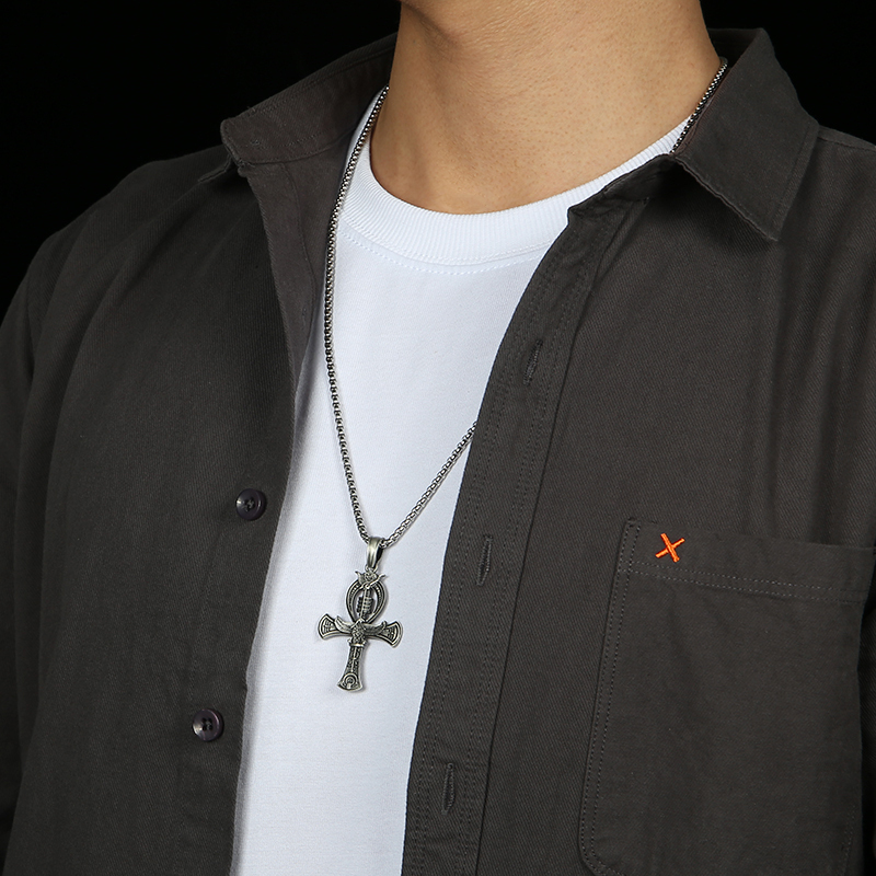 Model wearing EVBEA solid pewter Egyptian Ankh key of life pendant necklace for men