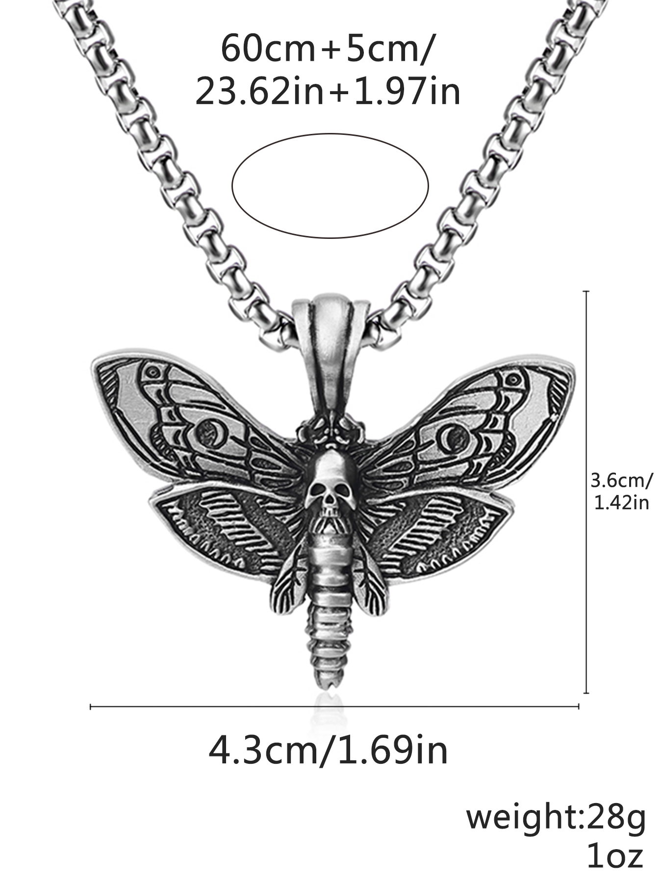 Solid Pewter Death's Head Hawkmoth Pendant Necklace for Men