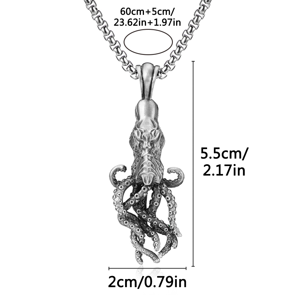 Dimension diagram for EVBEA solid pewter Kraken sea monster pendant and 60cm chain