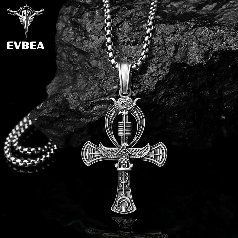 Close-up of hand-brushed solid pewter Ankh cross with winged Horus and Djed pillar with EVBEA stamp