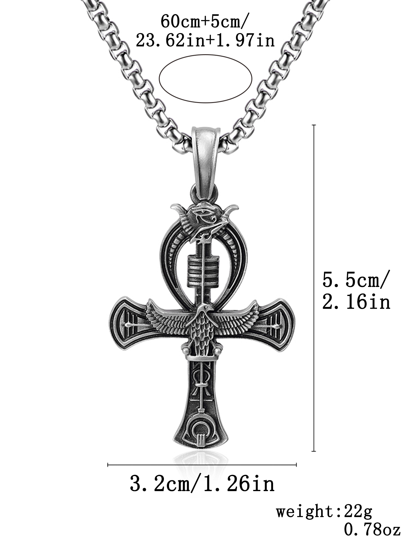 Dimension diagram for EVBEA solid pewter Egyptian Ankh cross pendant and 60cm chain
