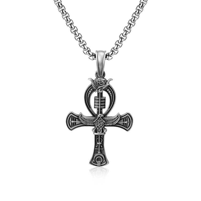 Solid pewter Egyptian Ankh cross pendant necklace for men with Eye of Horus by EVBEA