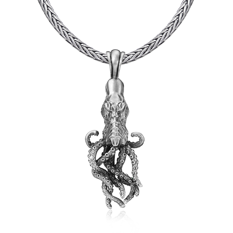 Solid pewter Kraken octopus sea monster pendant necklace for men with antiqued finish by EVBEA