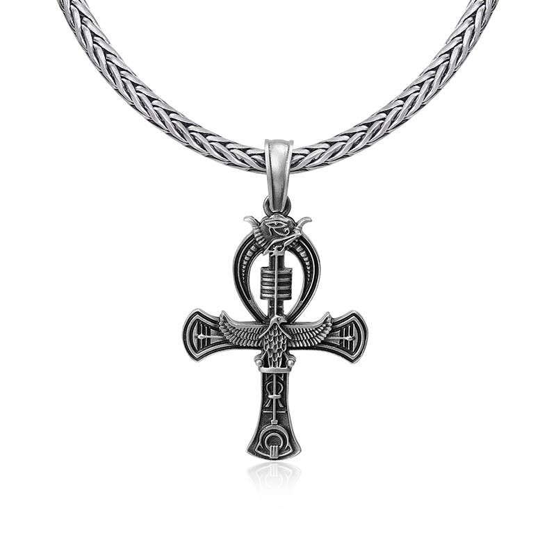 Solid pewter Egyptian Ankh cross pendant necklace for men with Eye of Horus by EVBEA