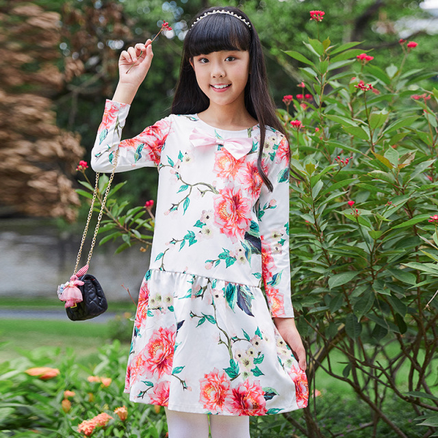 New Spring and Autumn Girls' Floral Printed Dress