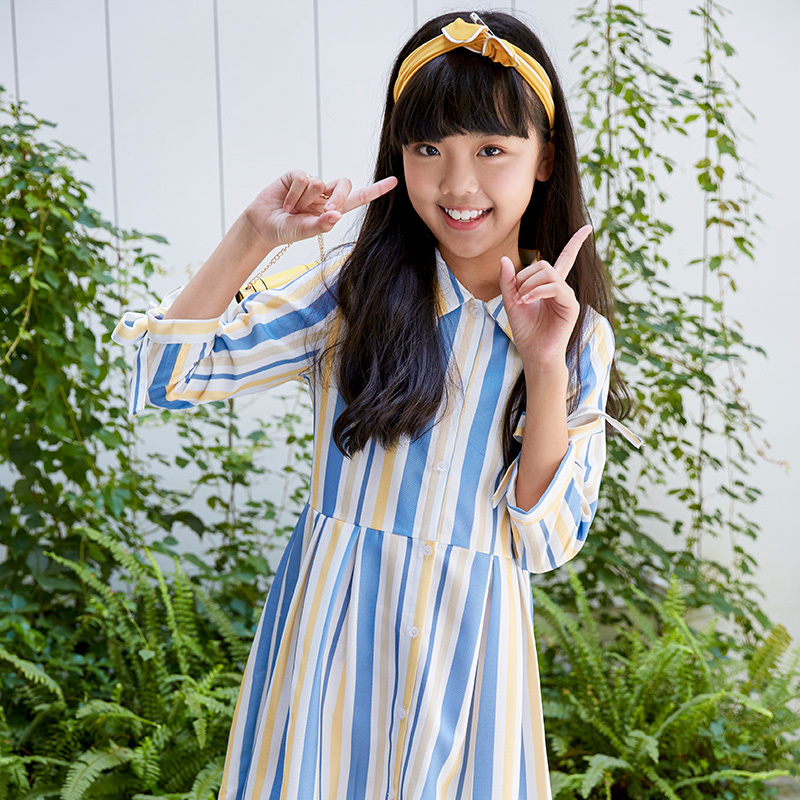New fresh striped dress for girls, with a shirt collar + adjustable cuffs, sweet and playful～