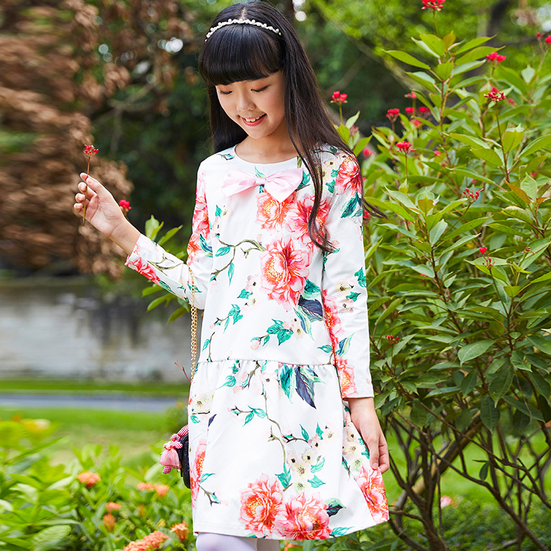 New Spring and Autumn Girls' Floral Printed Dress