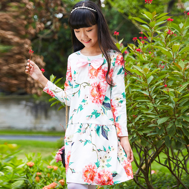 New Spring and Autumn Girls' Floral Printed Dress