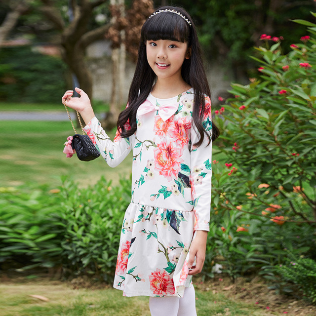 New Spring and Autumn Girls' Floral Printed Dress