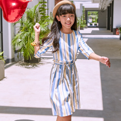 New style girls' striped dress, with blue, yellow and white stripes + a waistband, featuring a fresh and literary style.