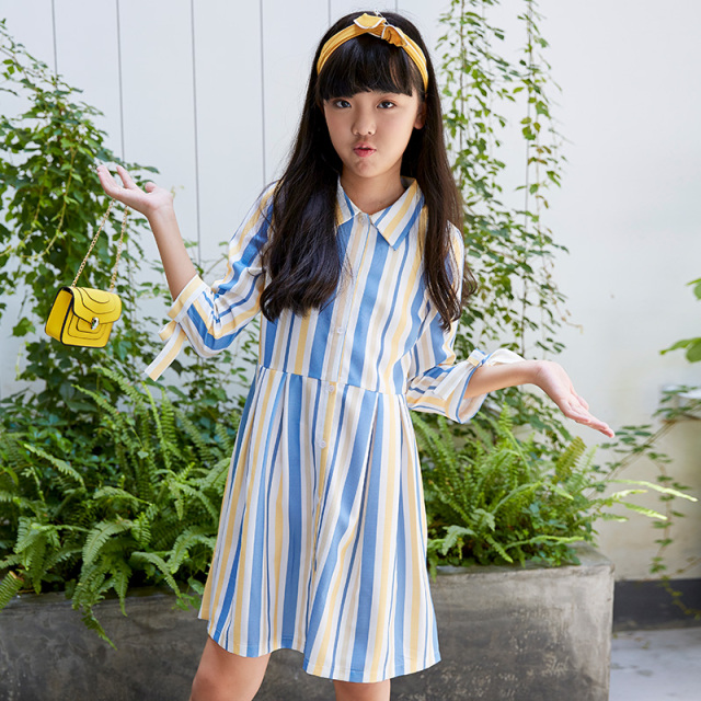 New fresh striped dress for girls, with a shirt collar + adjustable cuffs, sweet and playful～