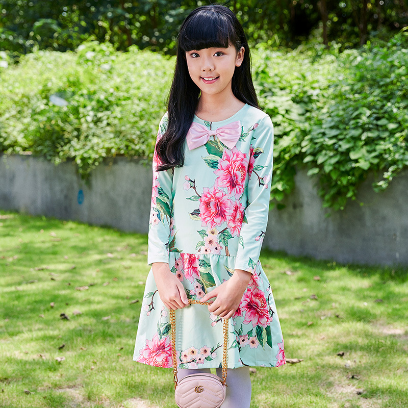 New Spring and Autumn Girls' Floral Printed Dress