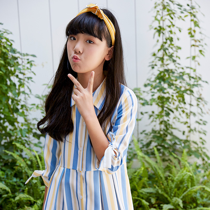 New fresh striped dress for girls, with a shirt collar + adjustable cuffs, sweet and playful～