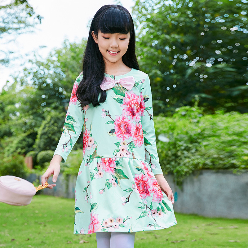 New Spring and Autumn Girls' Floral Printed Dress
