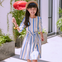 New style girls' striped dress, with blue, yellow and white stripes + a waistband, featuring a fresh and literary style.